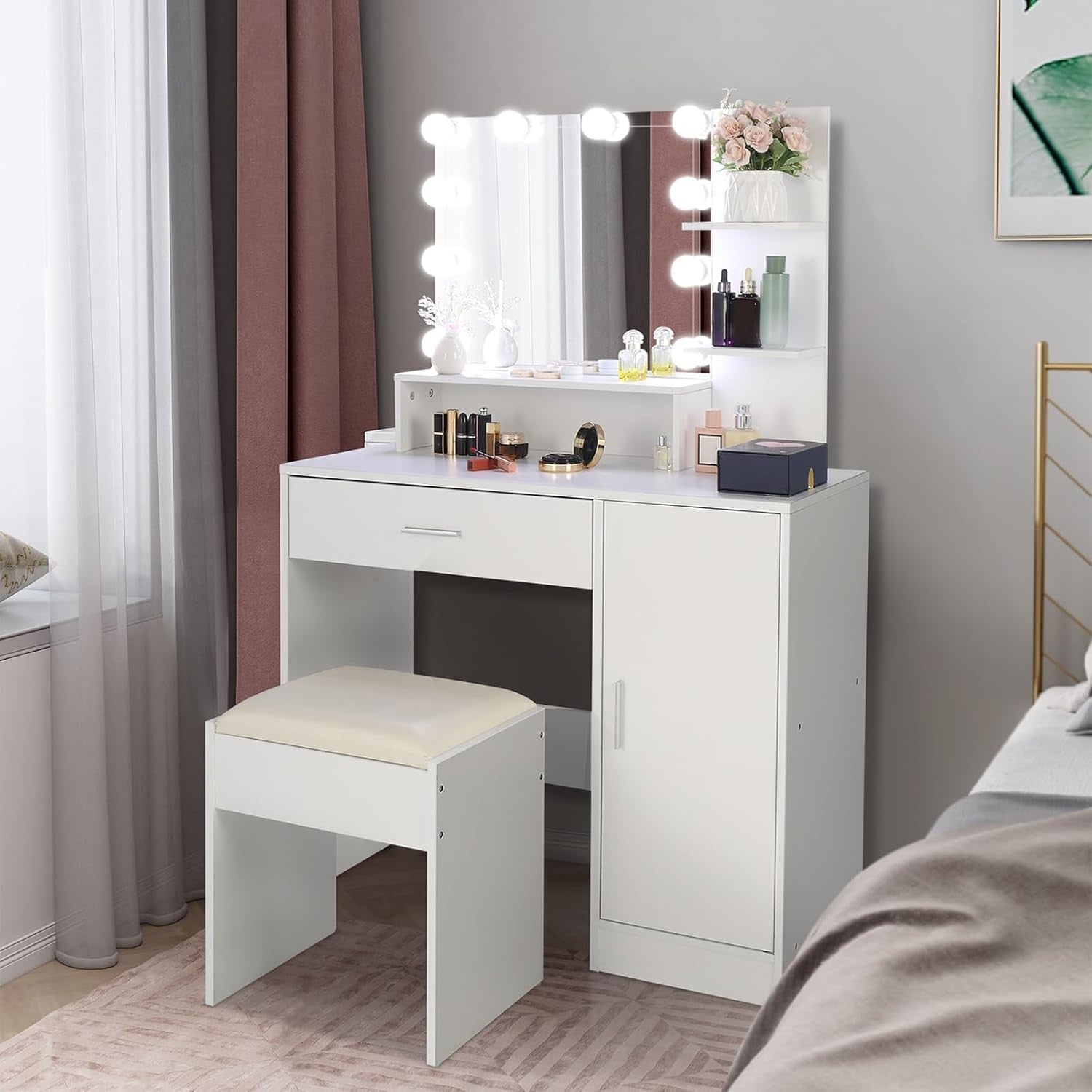 LED Makeup Vanity Dressing Table Set with Lighted Mirror Drawer Shelves White Mo - Kwikley