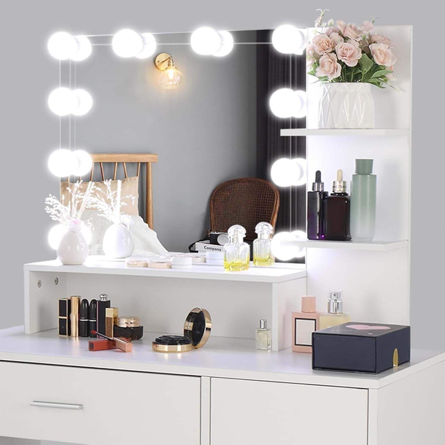 LED Makeup Vanity Dressing Table Set with Lighted Mirror Drawer Shelves White Mo - Kwikley