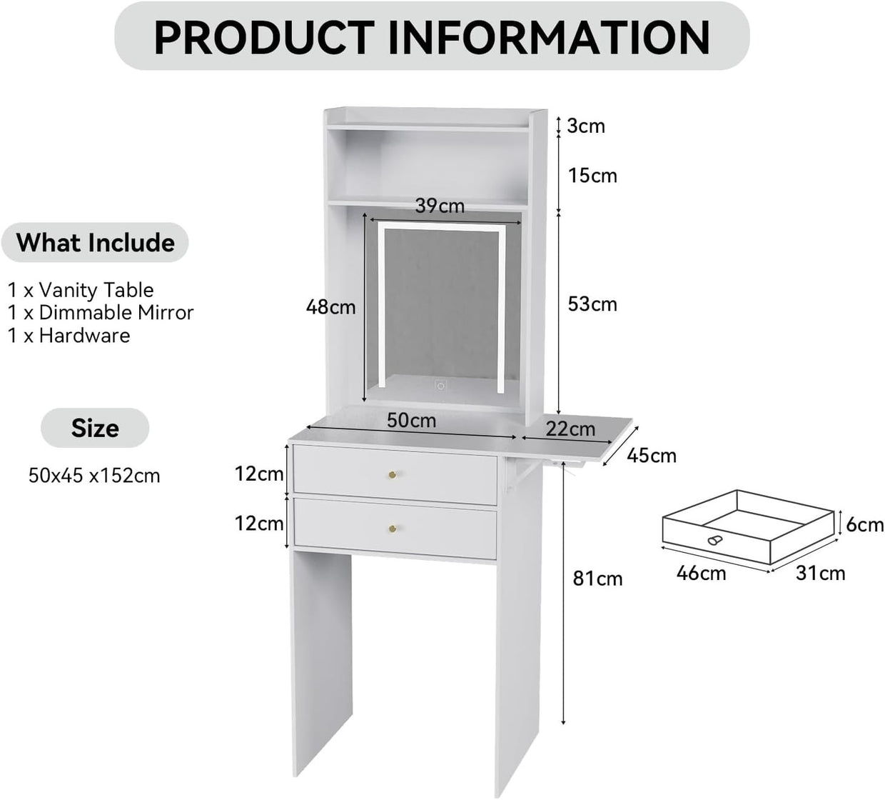LED Mirror Dressing Table Desk Vanity Makeup Storage 2 Drawers Shelves White - Kwikley