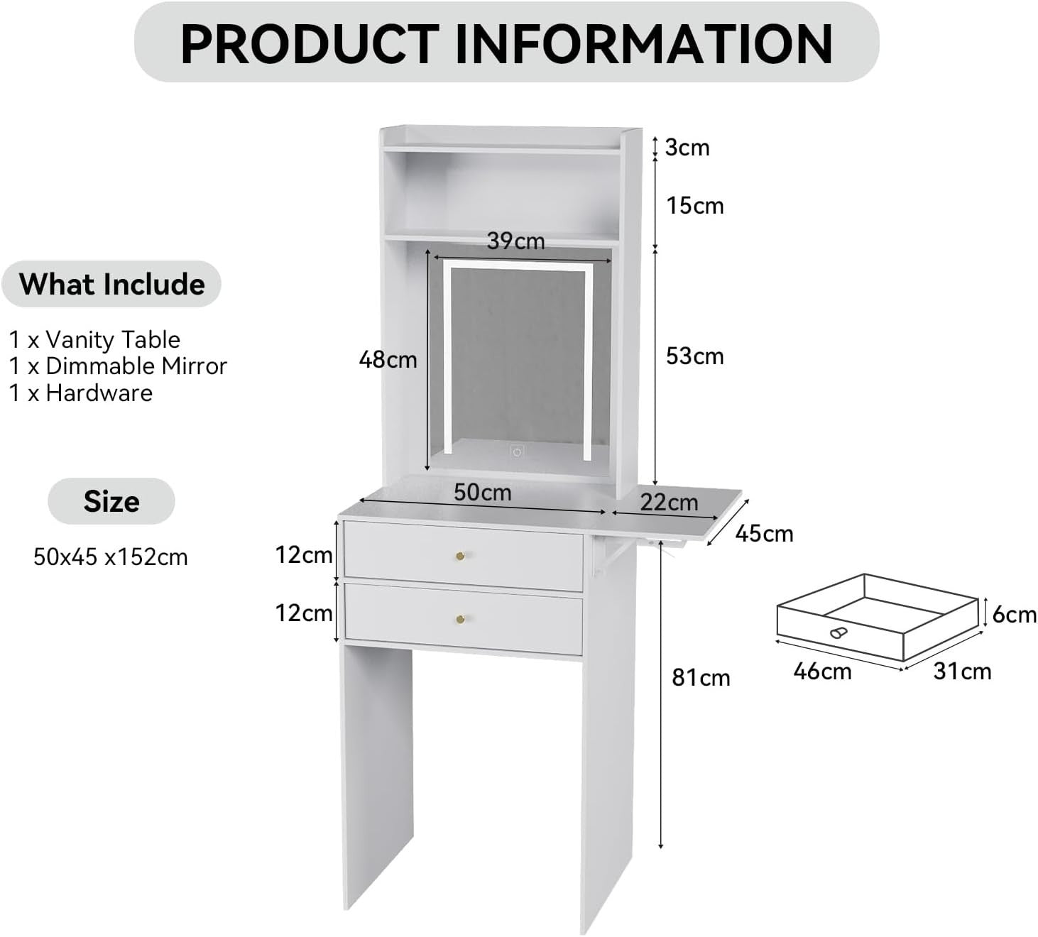 LED Mirror Dressing Table Desk Vanity Makeup Storage 2 Drawers Shelves White - Kwikley