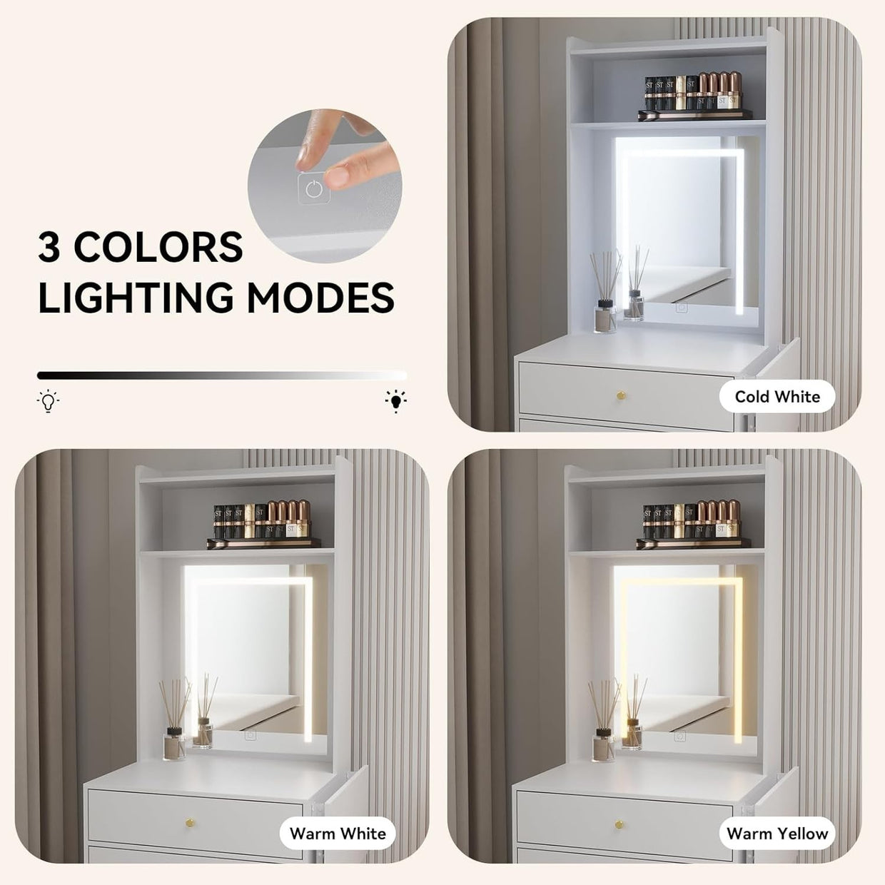 LED Mirror Dressing Table Desk Vanity Makeup Storage 2 Drawers Shelves White - Kwikley