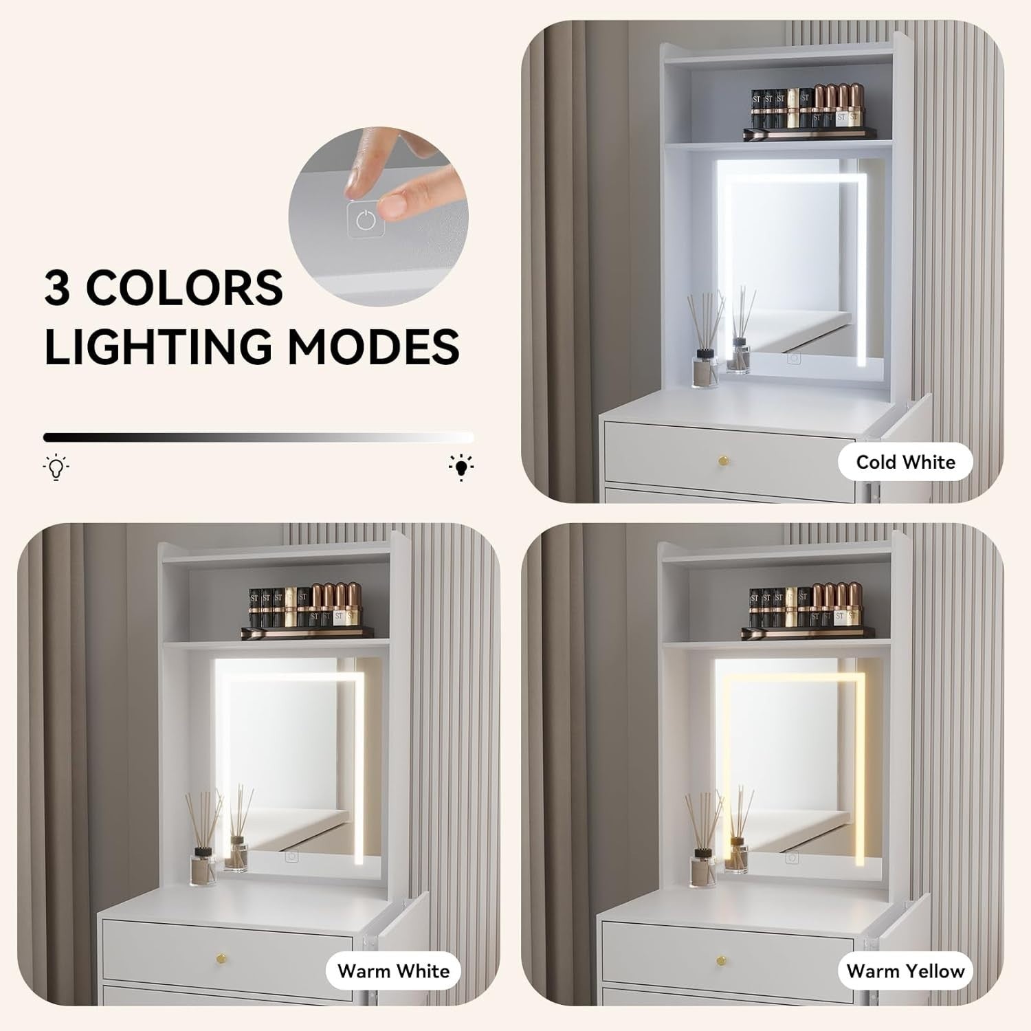 LED Mirror Dressing Table Desk Vanity Makeup Storage 2 Drawers Shelves White - Kwikley