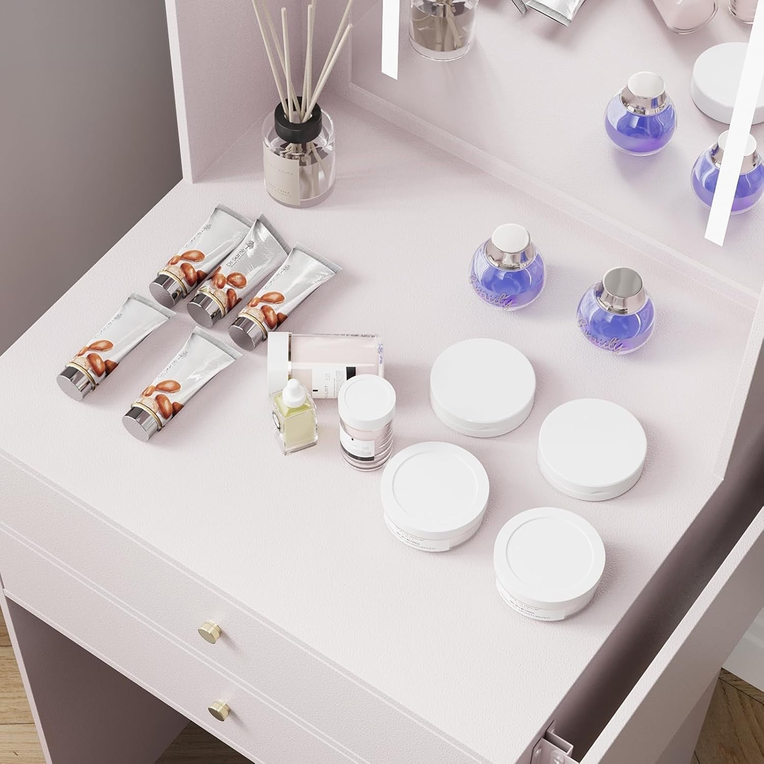LED Mirror Dressing Table Desk Vanity Makeup Storage 2 Drawers Shelves White - Kwikley