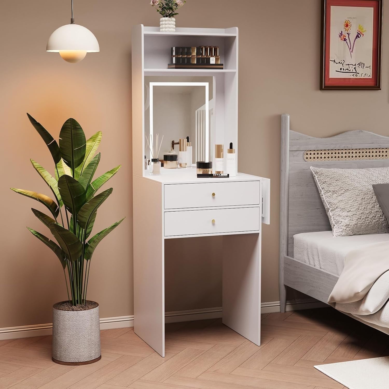 LED Mirror Dressing Table Desk Vanity Makeup Storage 2 Drawers Shelves White - Kwikley