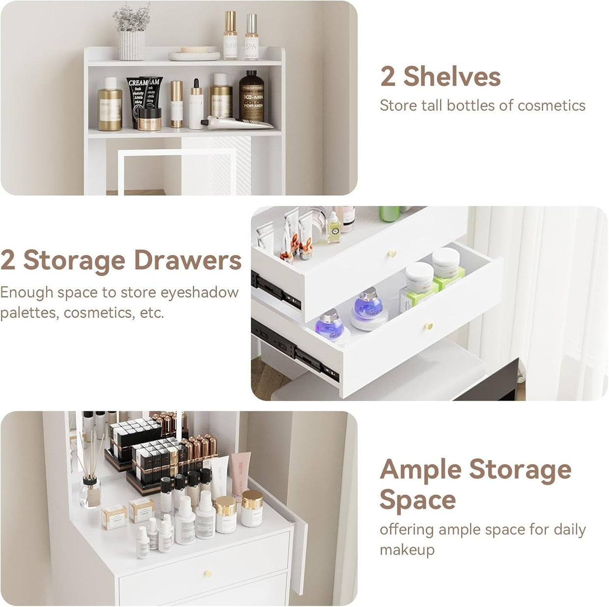 LED Mirror Dressing Table Desk Vanity Makeup Storage 2 Drawers Shelves White - Kwikley
