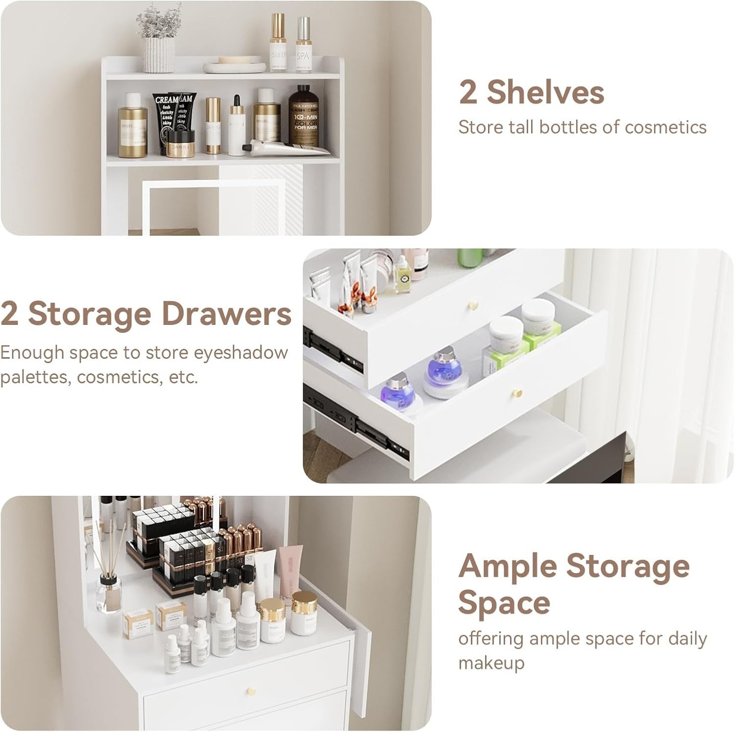LED Mirror Dressing Table Desk Vanity Makeup Storage 2 Drawers Shelves White - Kwikley