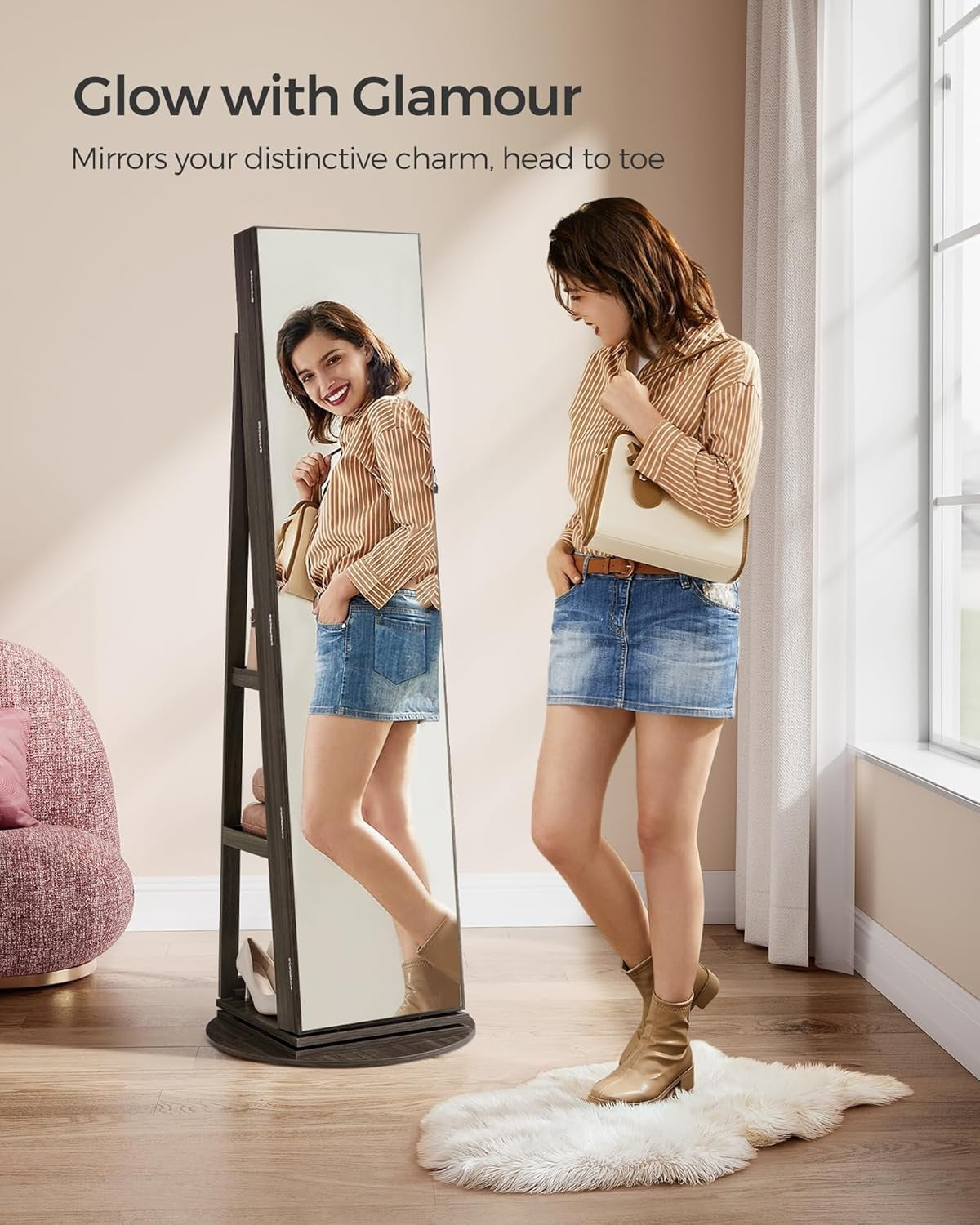 LED Mirror Jewellery Cabinet Ash Brown 360° Swivel Lockable Storage - Kwikley