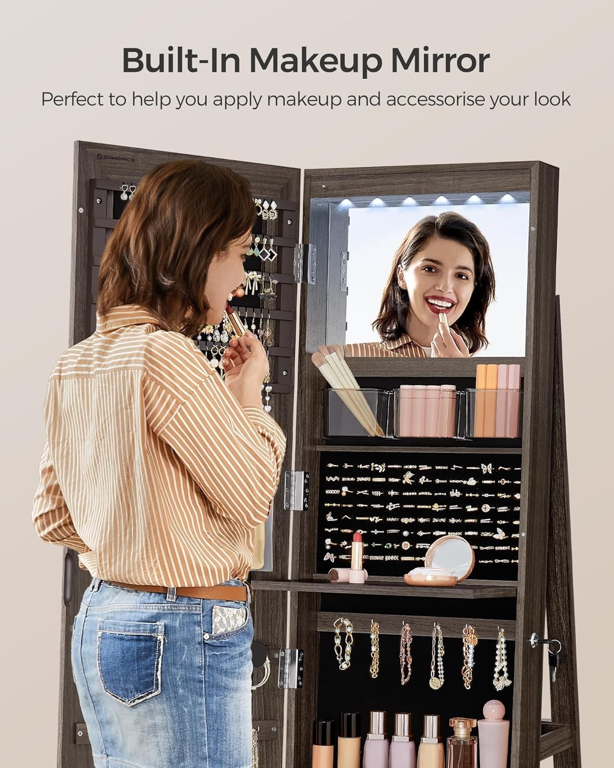 LED Mirror Jewellery Cabinet Ash Brown 360° Swivel Lockable Storage - Kwikley