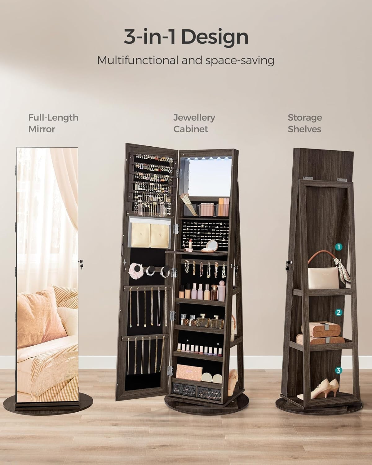 LED Mirror Jewellery Cabinet Ash Brown 360° Swivel Lockable Storage - Kwikley