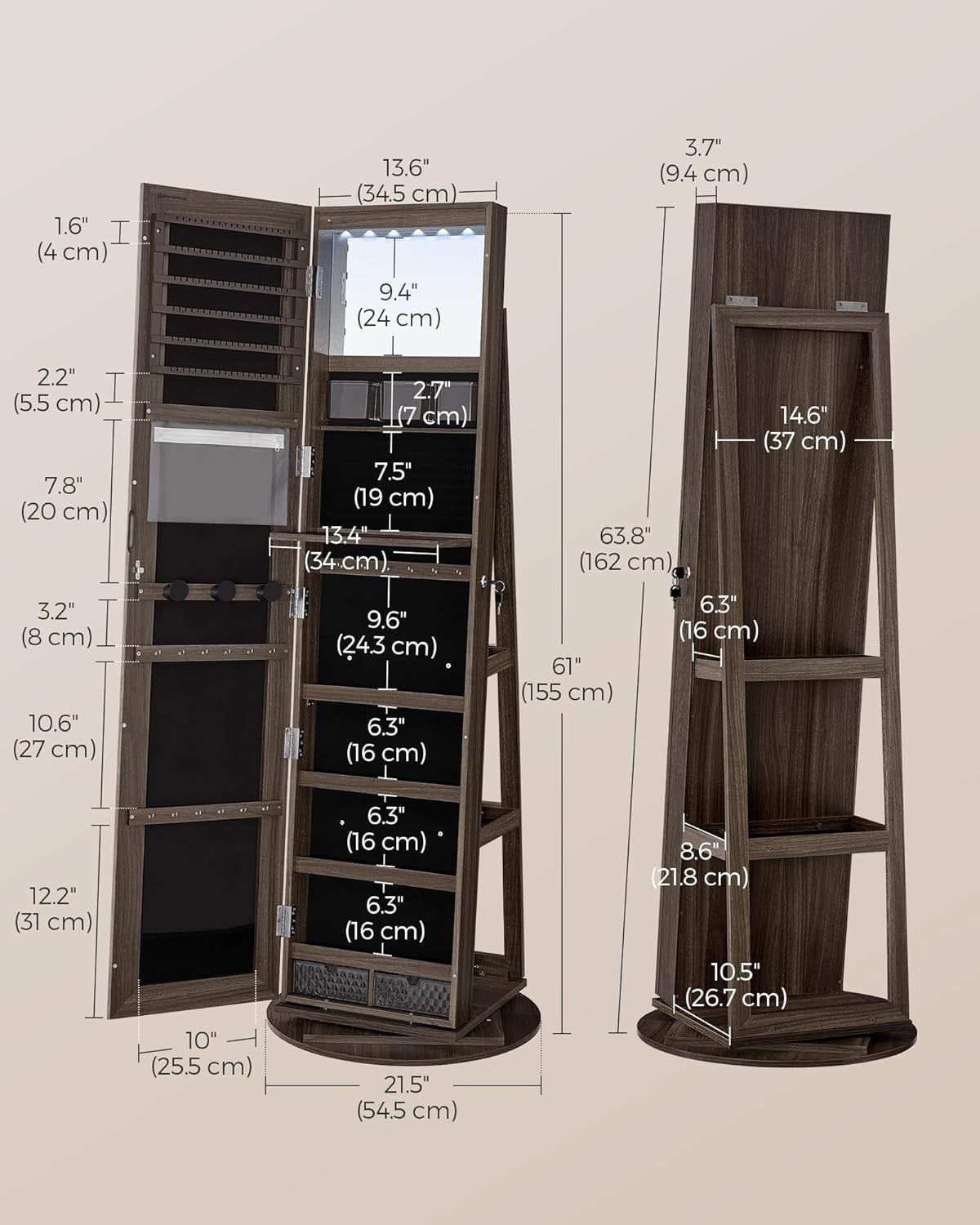 LED Mirror Jewellery Cabinet Ash Brown 360° Swivel Lockable Storage - Kwikley