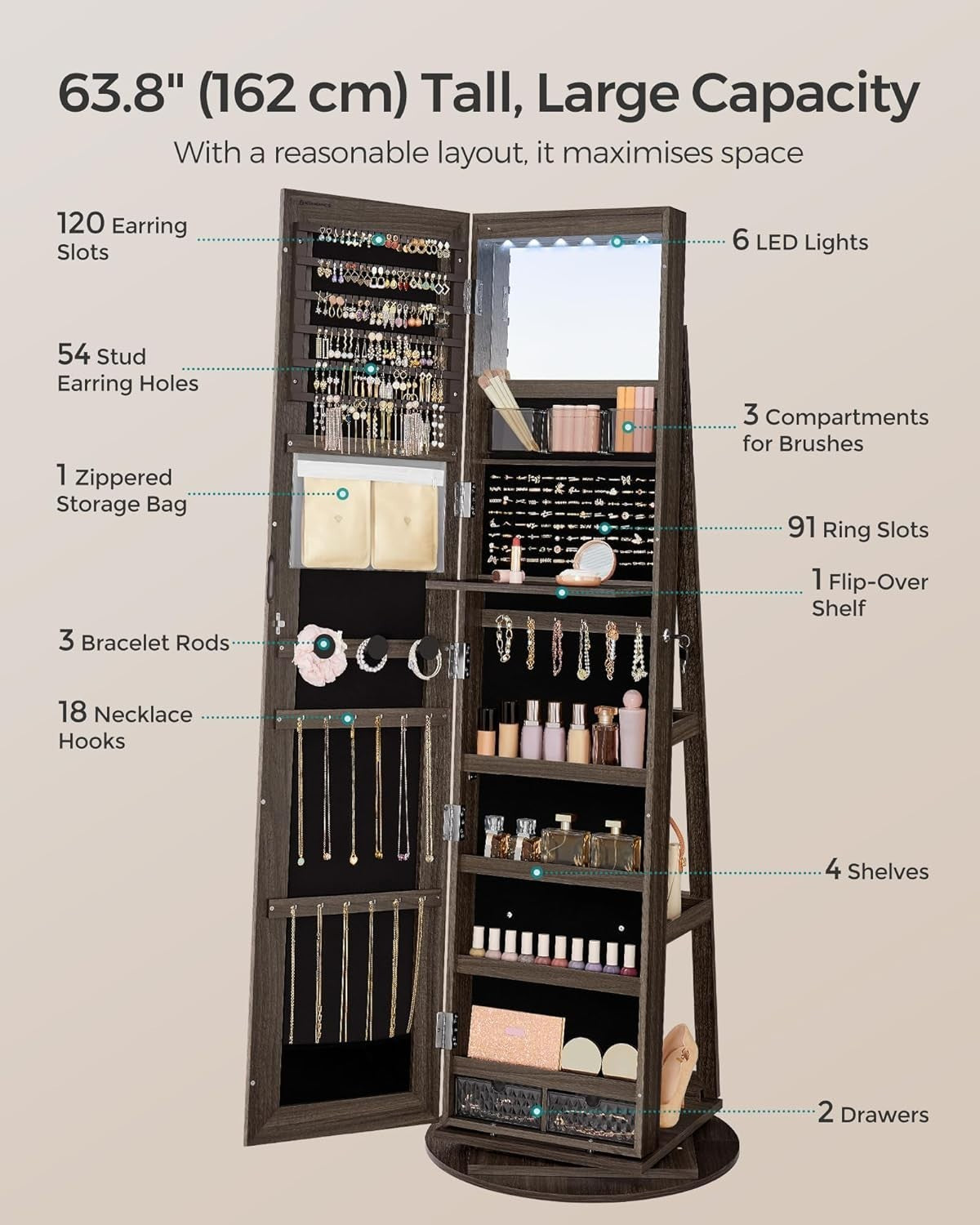 LED Mirror Jewellery Cabinet Ash Brown 360° Swivel Lockable Storage - Kwikley