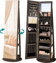 LED Mirror Jewellery Cabinet Ash Brown 360° Swivel Lockable Storage - Kwikley