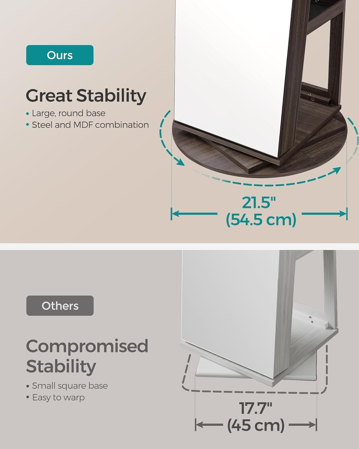 LED Mirror Jewellery Cabinet Ash Brown 360° Swivel Lockable Storage - Kwikley