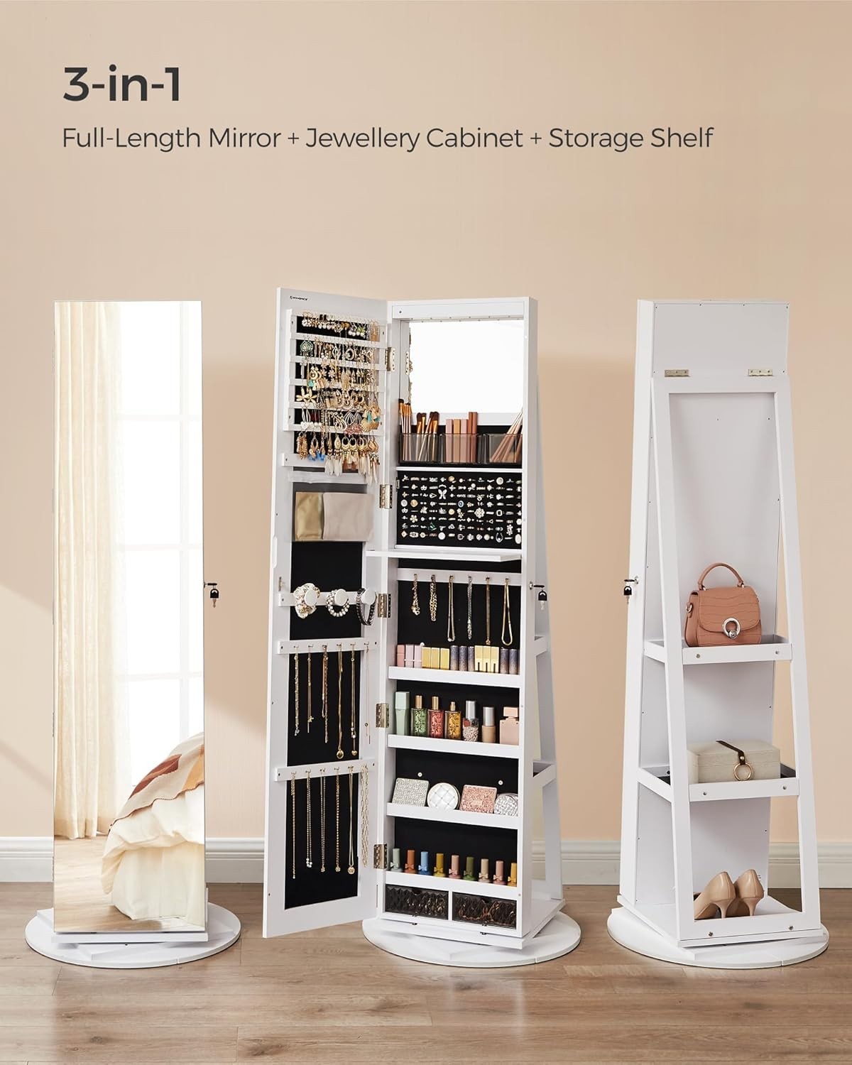 LED Mirror Jewellery Cabinet White 360° Swivel Lockable Full Length Storage - Kwikley
