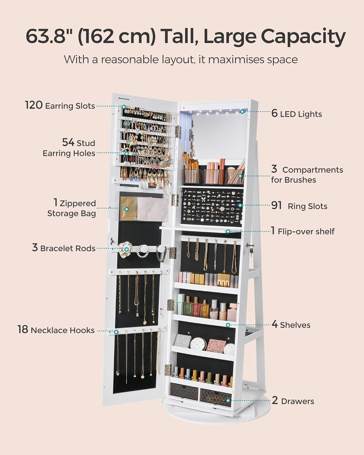 LED Mirror Jewellery Cabinet White 360° Swivel Lockable Full Length Storage - Kwikley