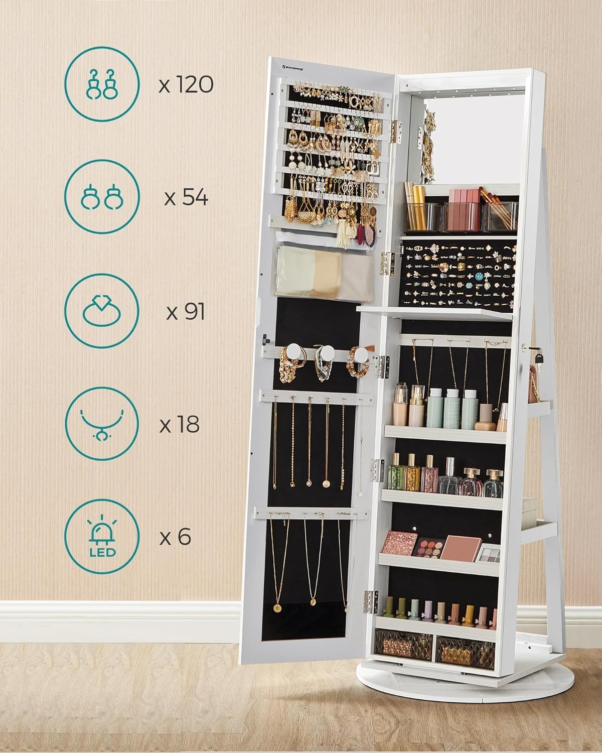 LED Mirror Jewellery Cabinet White 360° Swivel Lockable Full Length Storage - Kwikley