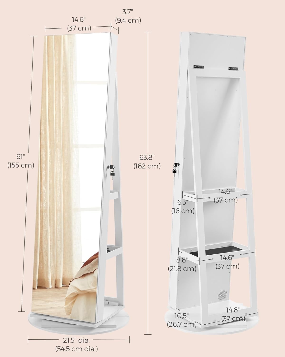LED Mirror Jewellery Cabinet White 360° Swivel Lockable Full Length Storage - Kwikley
