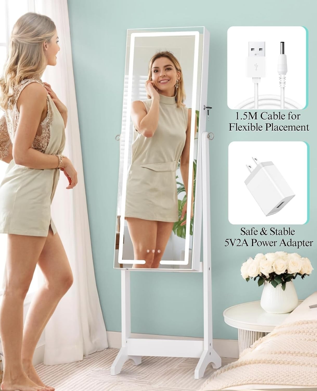 LED Mirror Jewellery Cabinet White 60in Standing Armoire Lockable Storage - Kwikley