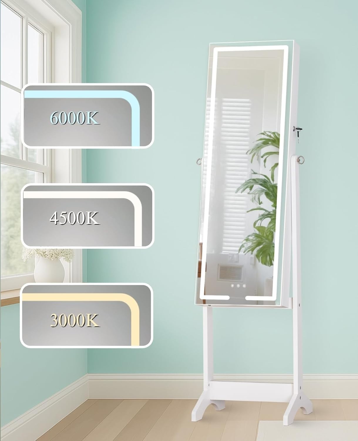 LED Mirror Jewellery Cabinet White 60in Standing Armoire Lockable Storage - Kwikley