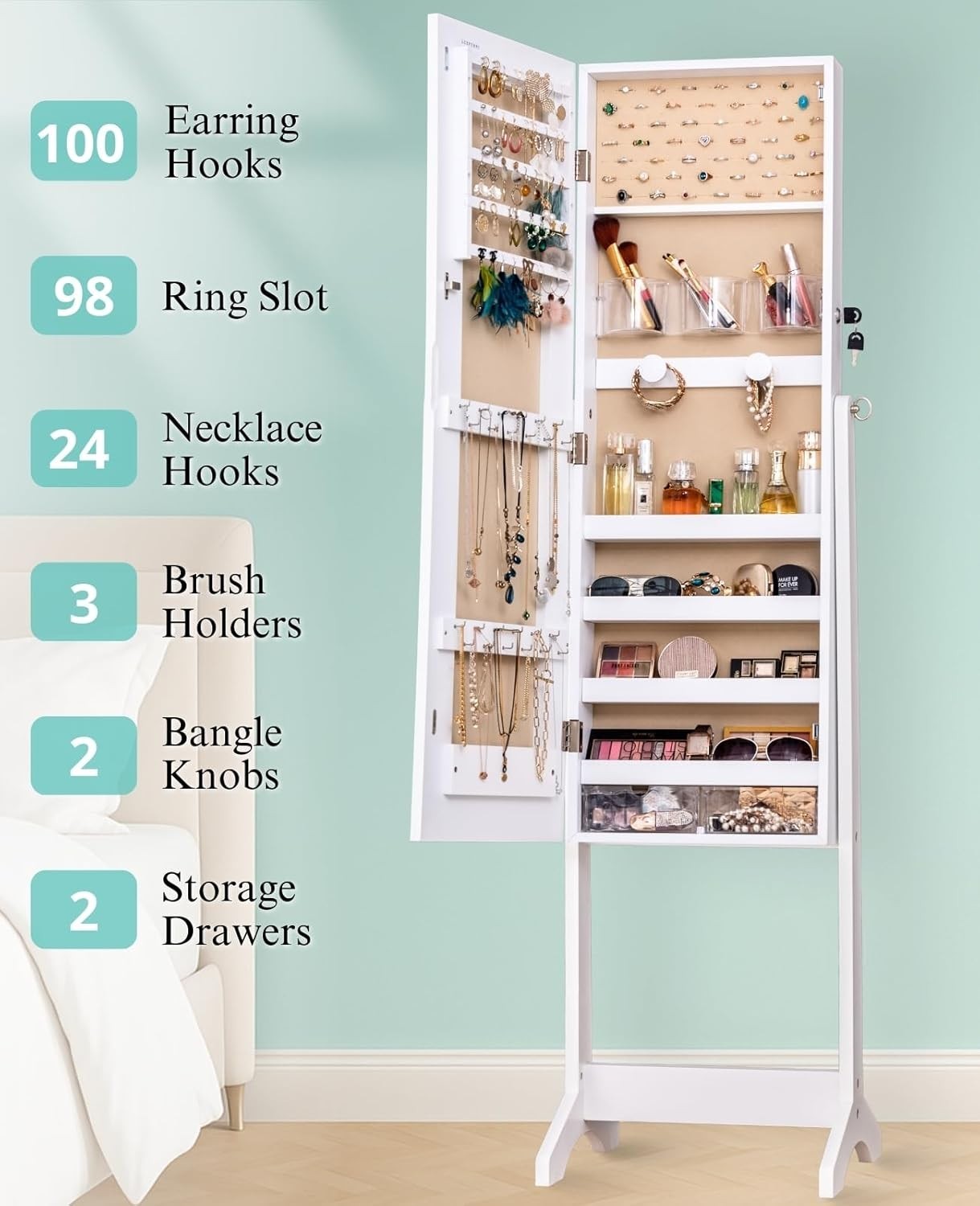 LED Mirror Jewellery Cabinet White 60in Standing Armoire Lockable Storage - Kwikley