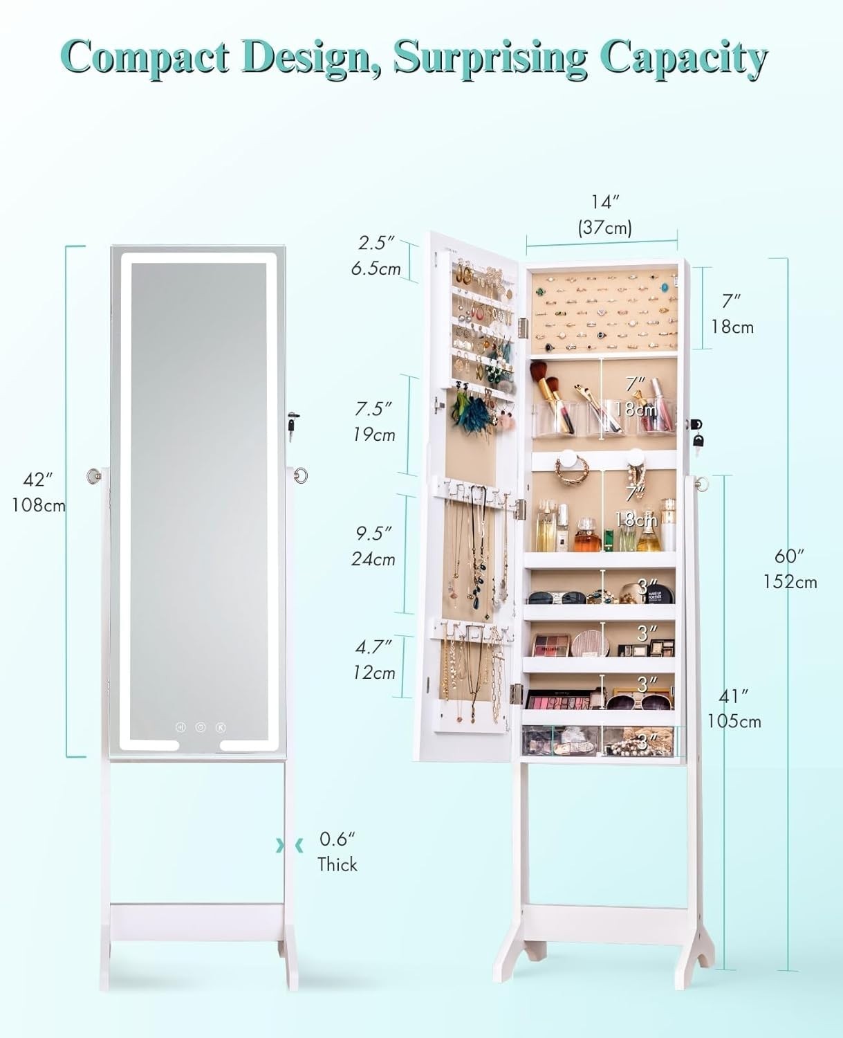 LED Mirror Jewellery Cabinet White 60in Standing Armoire Lockable Storage - Kwikley