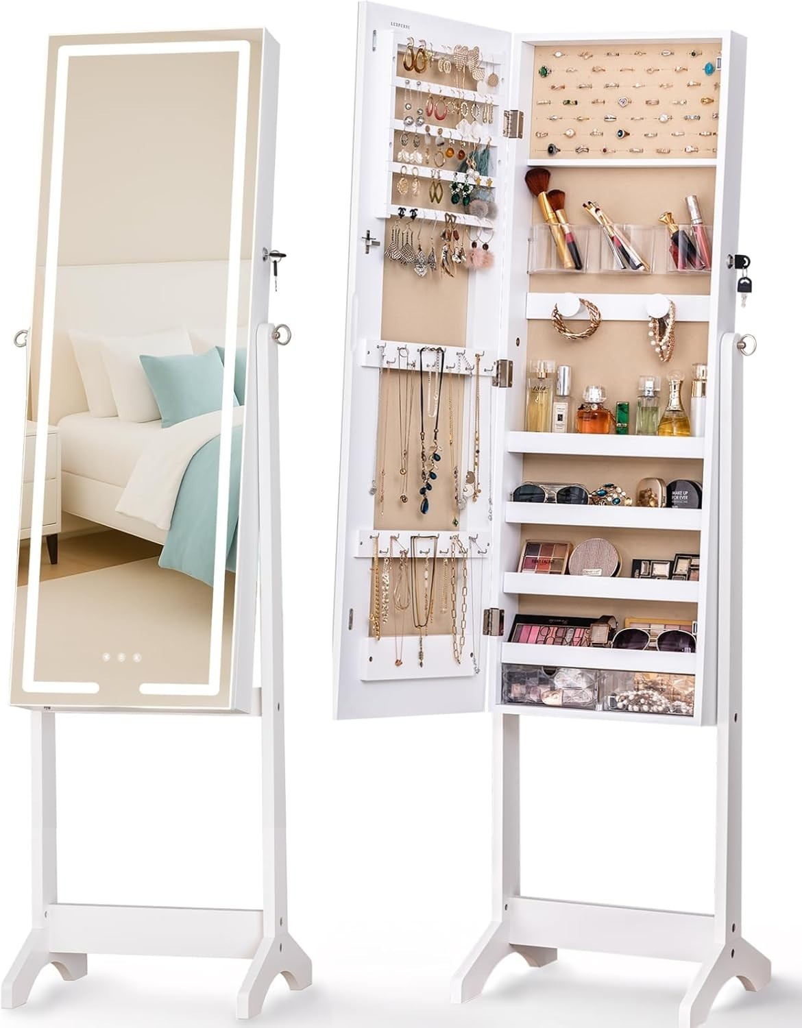 LED Mirror Jewellery Cabinet White 60in Standing Armoire Lockable Storage - Kwikley