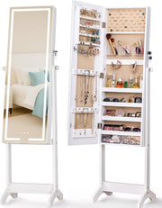 LED Mirror Jewellery Cabinet White 60in Standing Armoire Lockable Storage - Kwikley