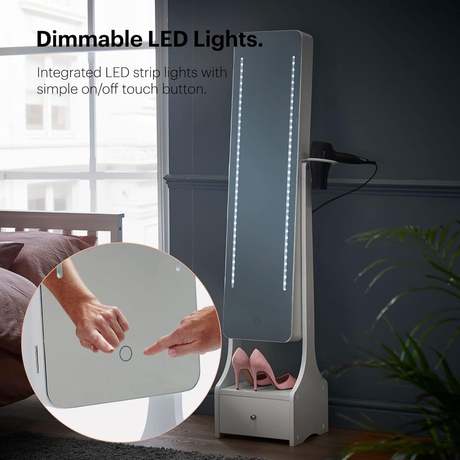 LED Mirror Jewellery Cabinet White Full Length Standing Armoire Storage - Kwikley