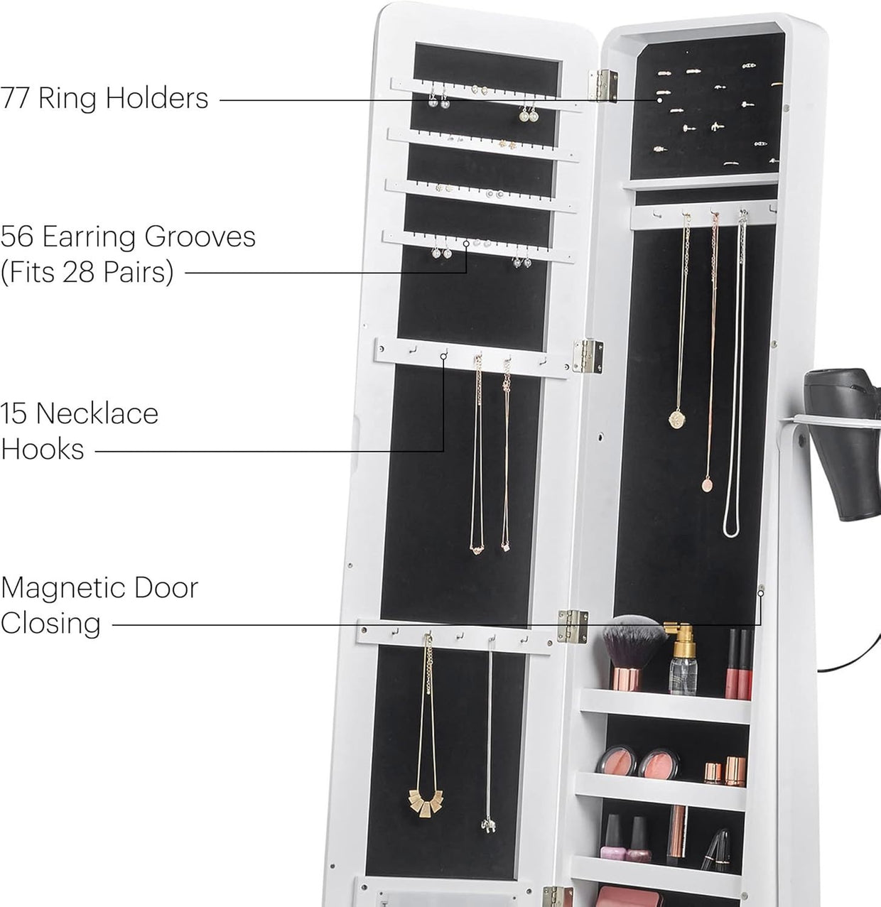 LED Mirror Jewellery Cabinet White Full Length Standing Armoire Storage - Kwikley