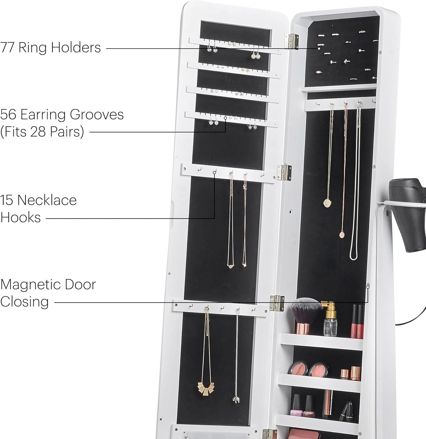 LED Mirror Jewellery Cabinet White Full Length Standing Armoire Storage - Kwikley