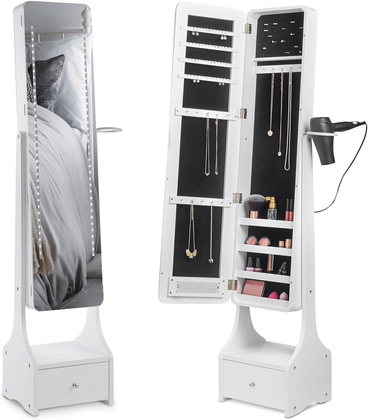 LED Mirror Jewellery Cabinet White Full Length Standing Armoire Storage - Kwikley
