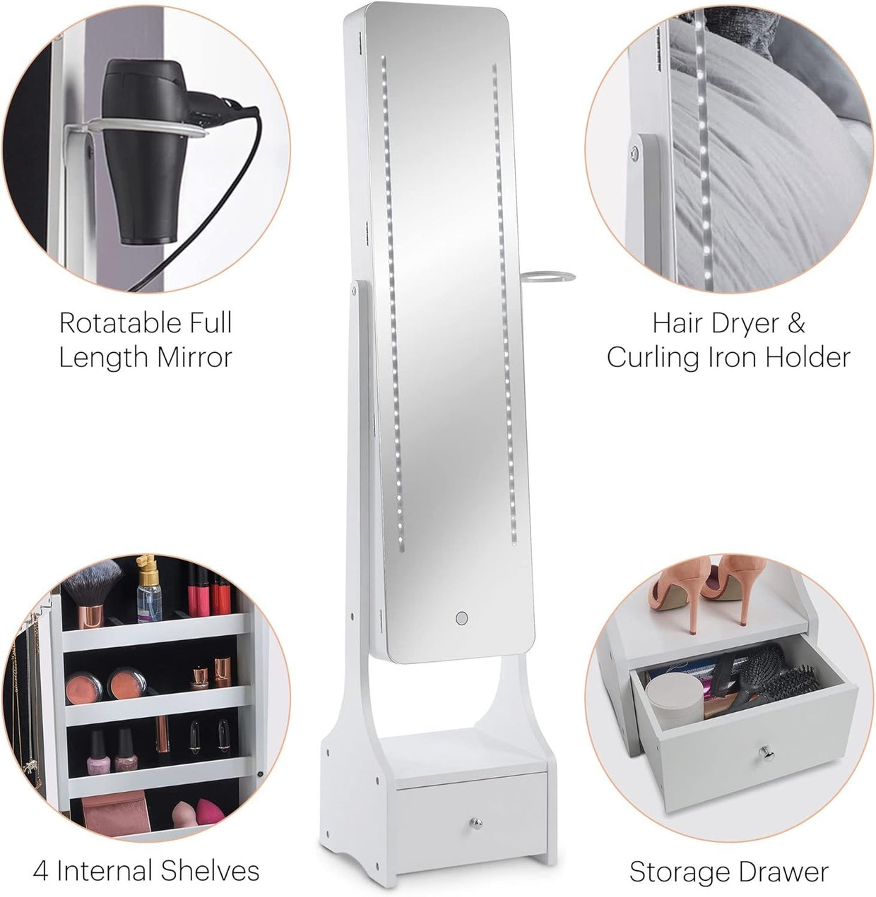 LED Mirror Jewellery Cabinet White Full Length Standing Armoire Storage - Kwikley