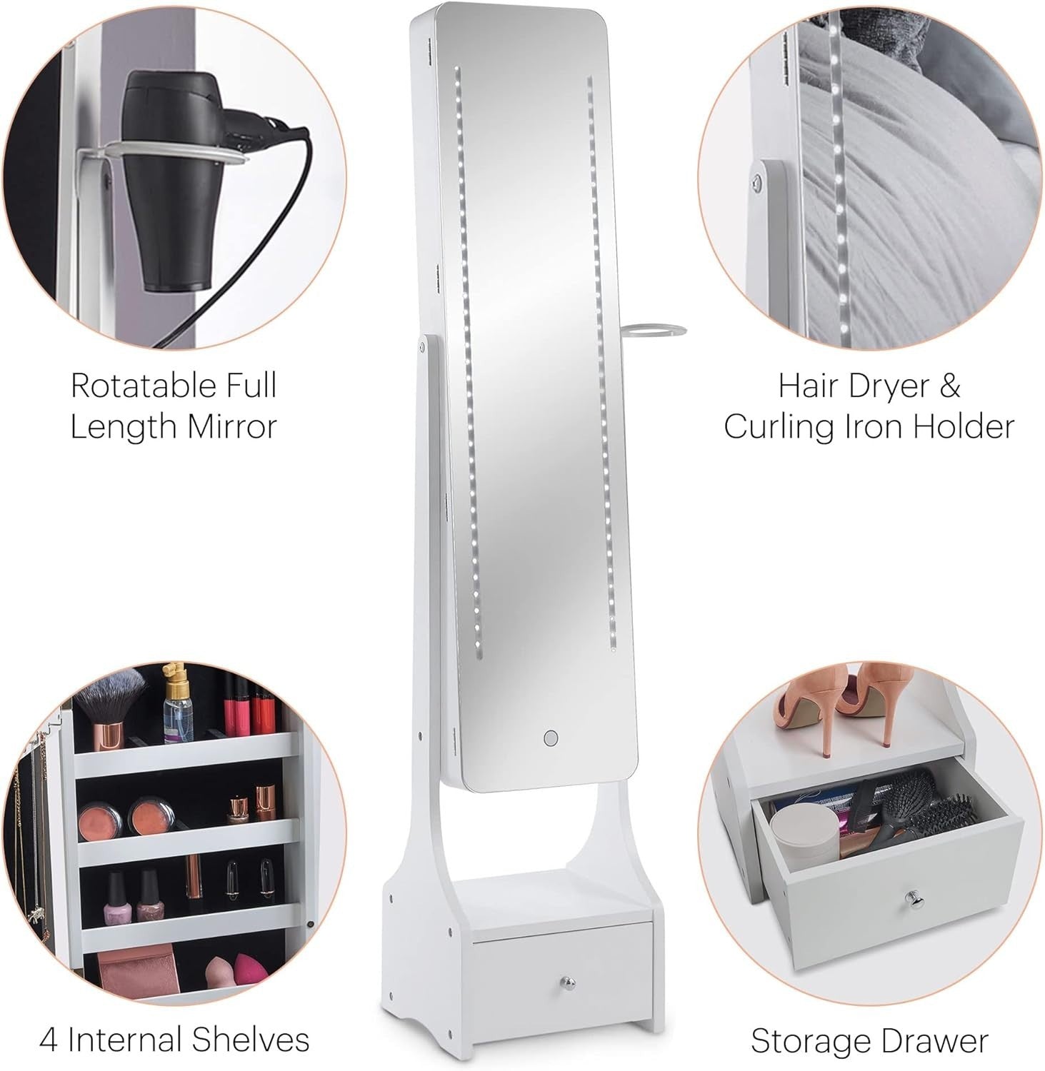 LED Mirror Jewellery Cabinet White Full Length Standing Armoire Storage - Kwikley
