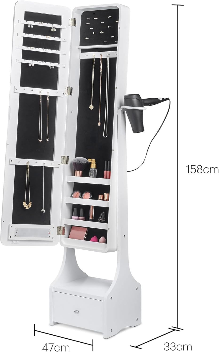 LED Mirror Jewellery Cabinet White Full Length Standing Armoire Storage - Kwikley