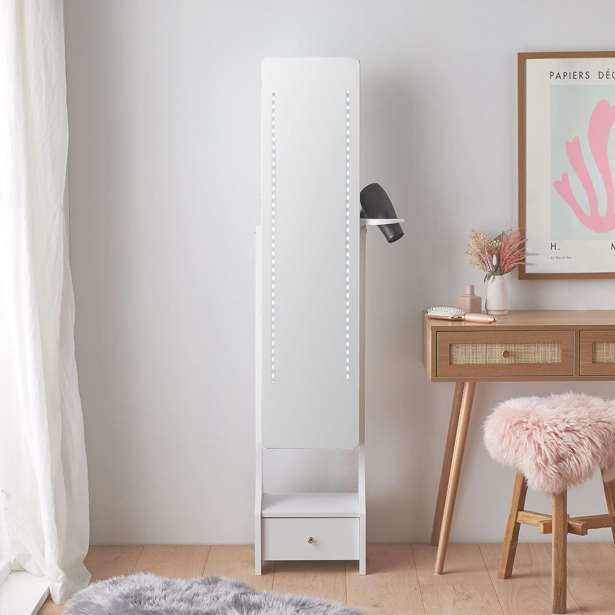 LED Mirror Jewellery Cabinet White Full Length Standing Armoire Storage - Kwikley
