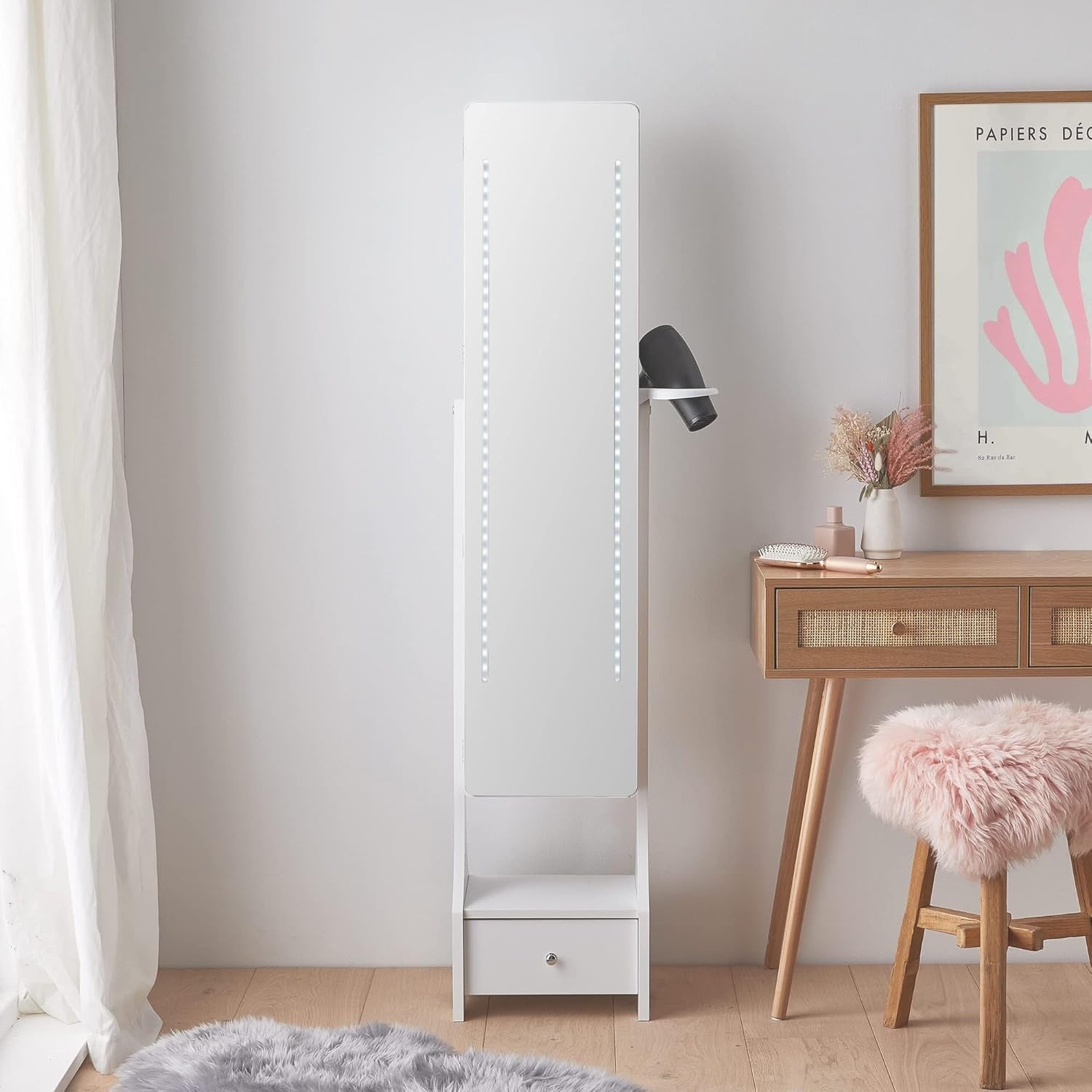 LED Mirror Jewellery Cabinet White Full Length Standing Armoire Storage - Kwikley