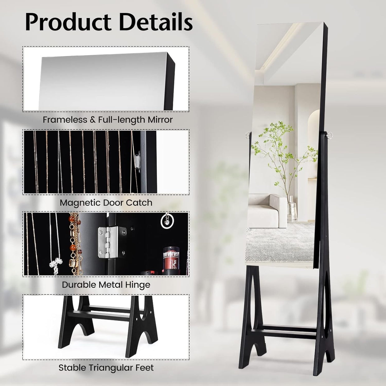 LED Mirror Jewelry Armoire Lockable Freestanding Storage Cabinet Black - Kwikley