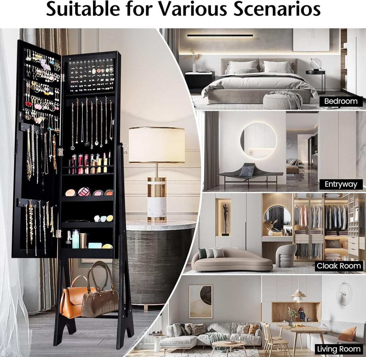 LED Mirror Jewelry Armoire Lockable Freestanding Storage Cabinet Black - Kwikley