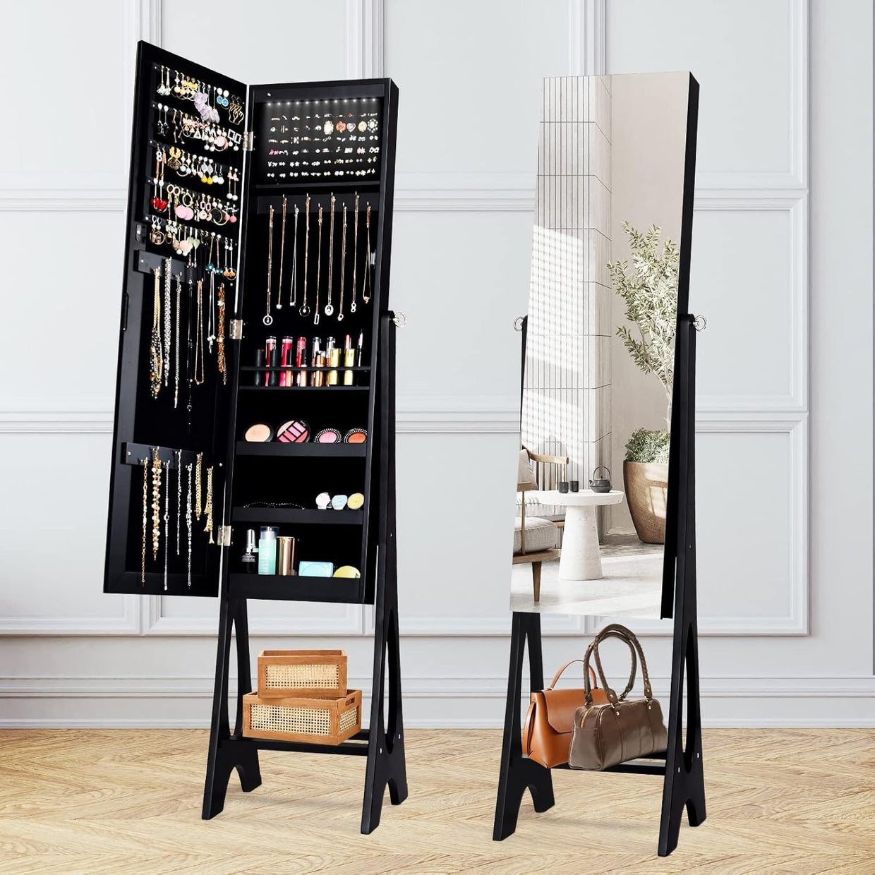 LED Mirror Jewelry Armoire Lockable Freestanding Storage Cabinet Black - Kwikley