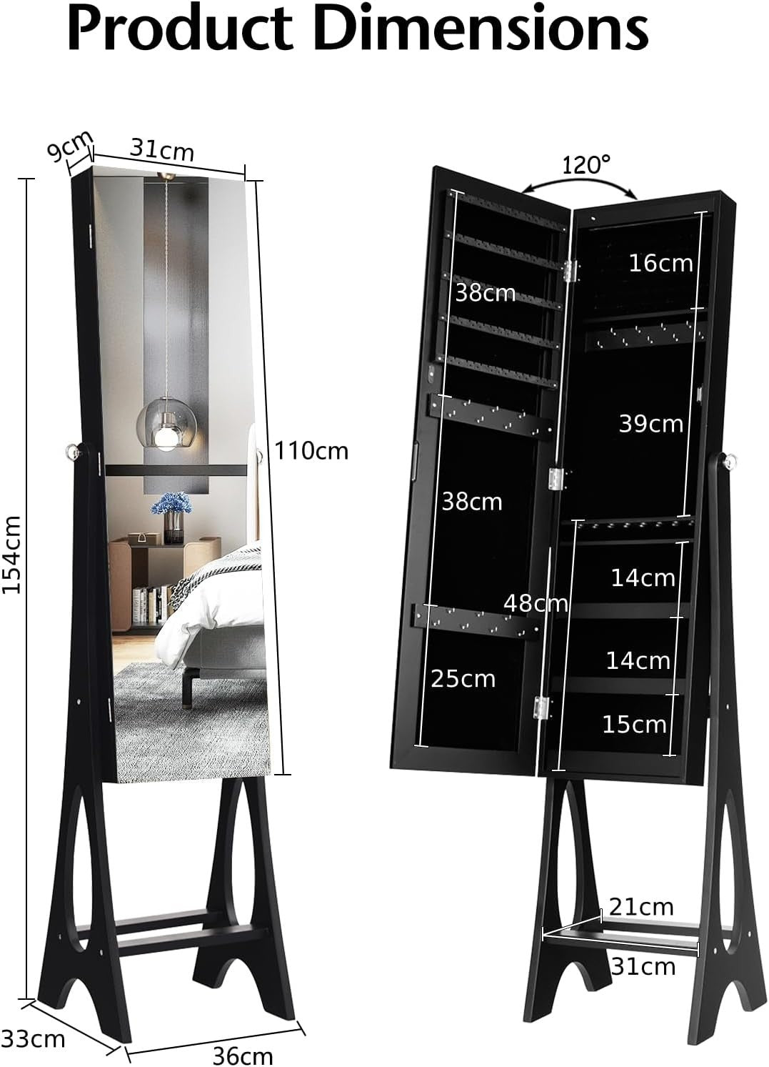 LED Mirror Jewelry Armoire Lockable Freestanding Storage Cabinet Black - Kwikley