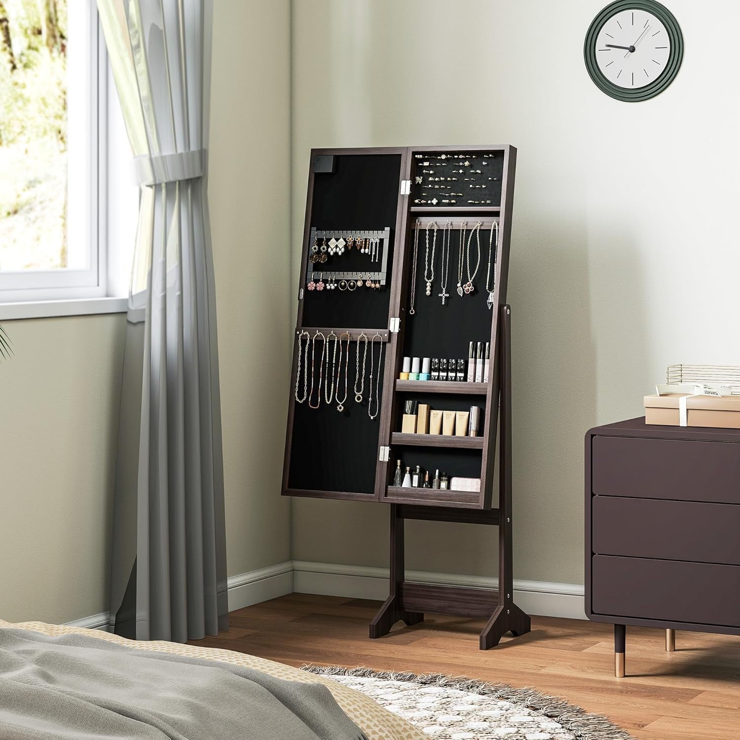 LED Mirror Jewelry Cabinet Freestanding Adjustable Storage Organizer Brown - Kwikley