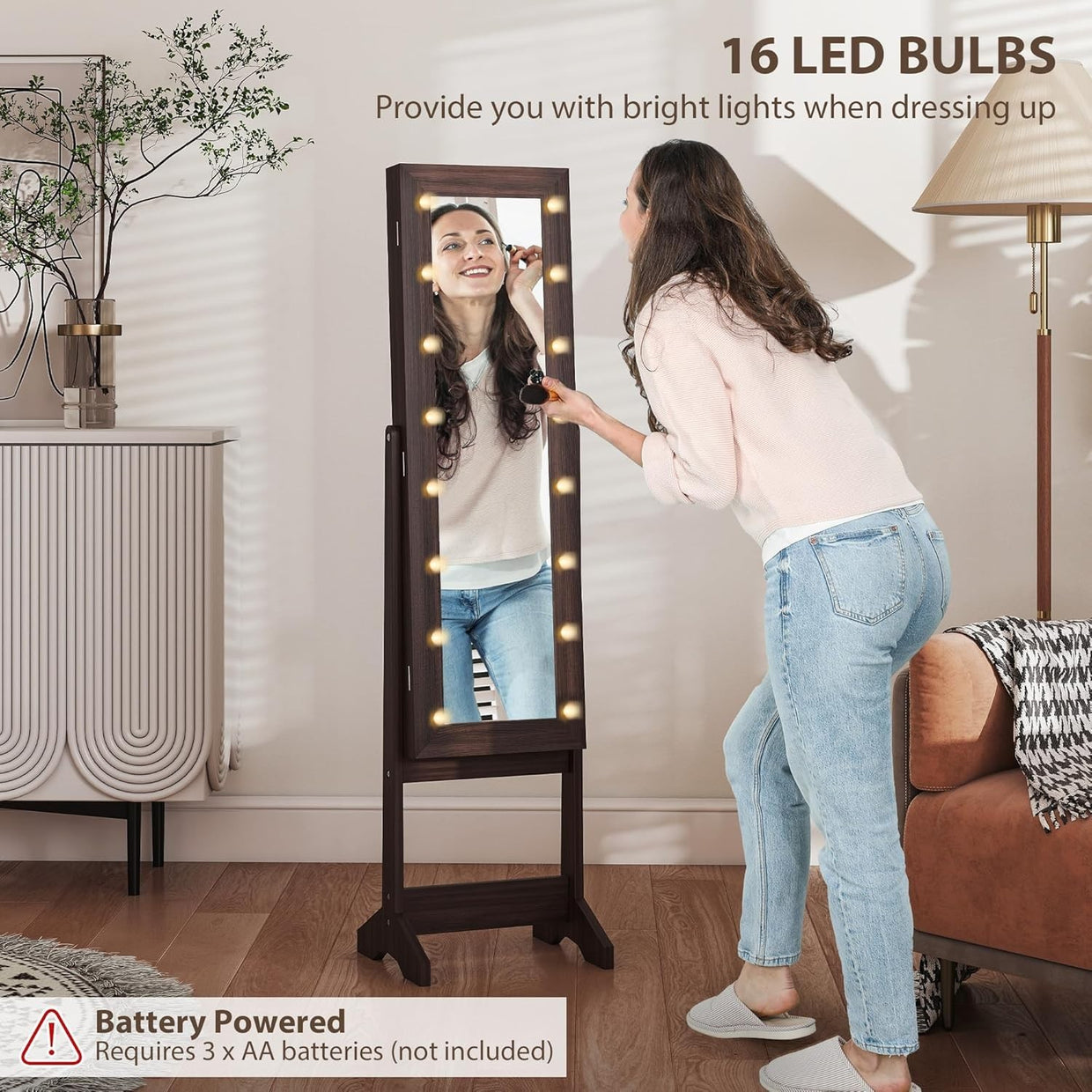 LED Mirror Jewelry Cabinet Freestanding Adjustable Storage Organizer Brown - Kwikley