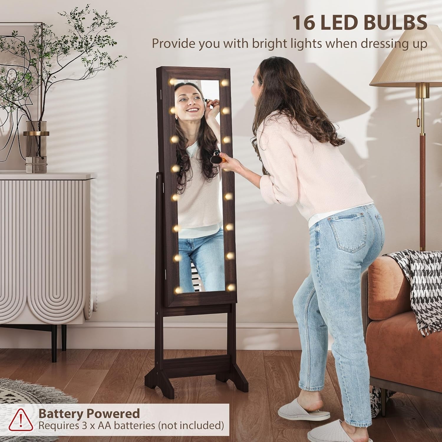 LED Mirror Jewelry Cabinet Freestanding Adjustable Storage Organizer Brown - Kwikley
