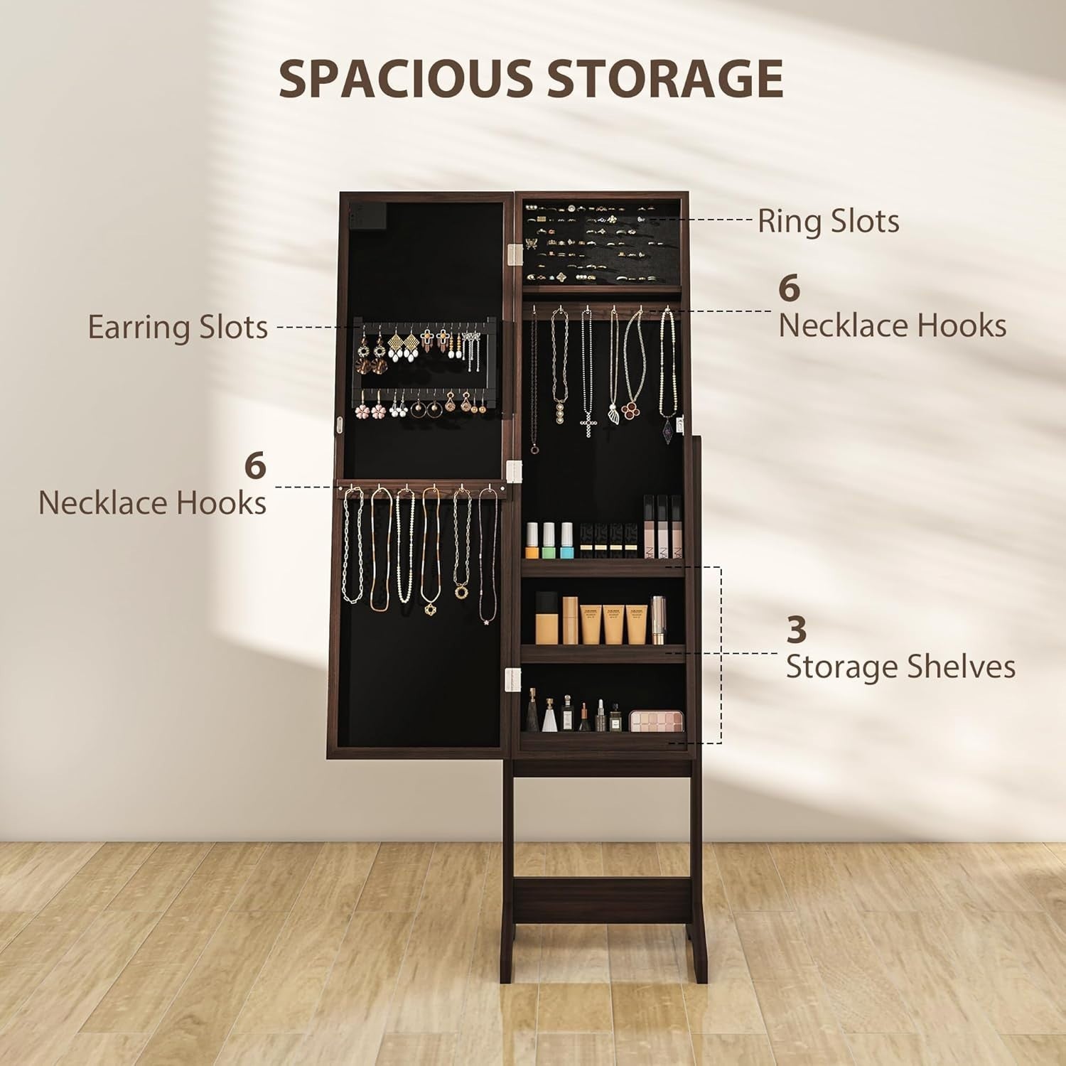 LED Mirror Jewelry Cabinet Freestanding Adjustable Storage Organizer Brown - Kwikley
