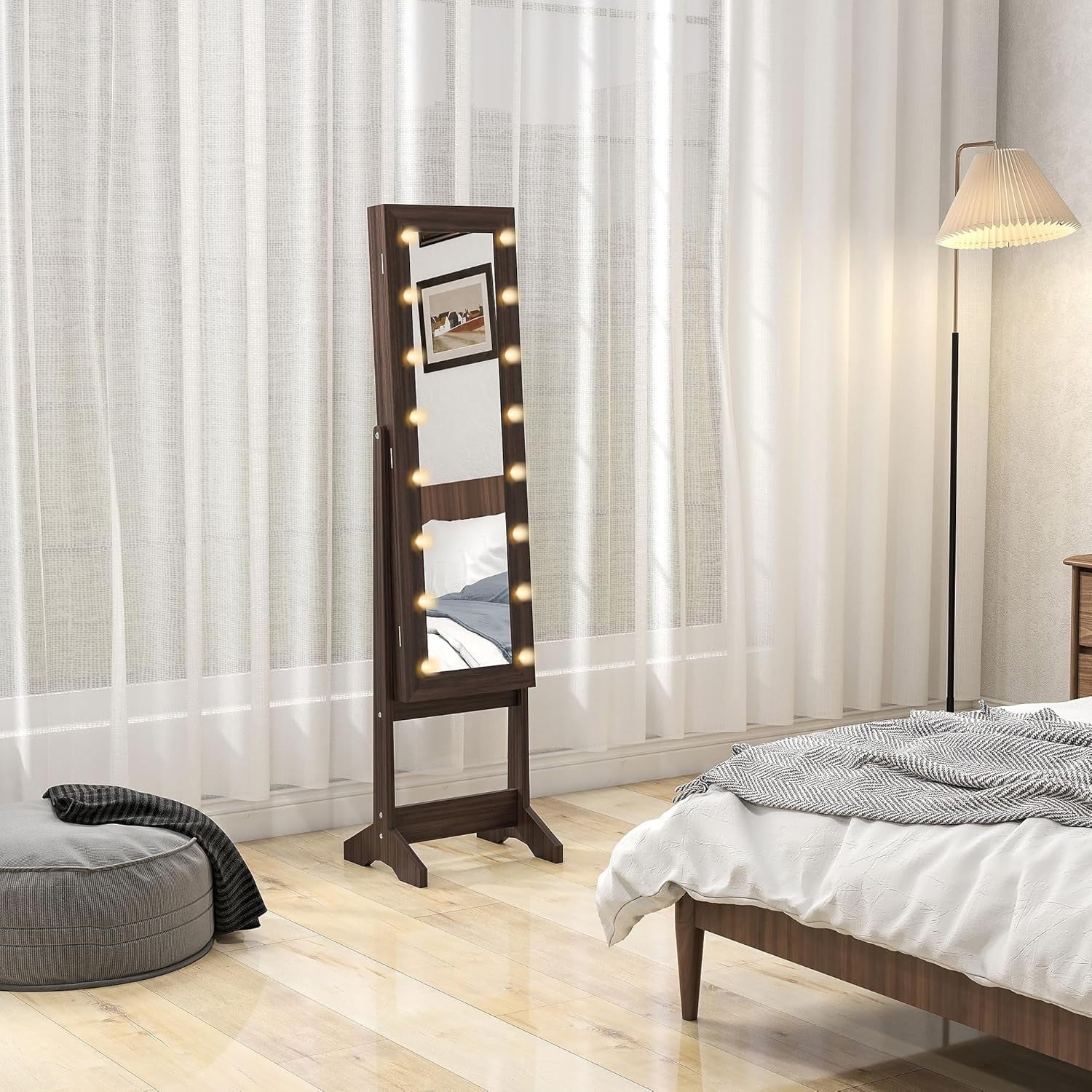 LED Mirror Jewelry Cabinet Freestanding Adjustable Storage Organizer Brown - Kwikley