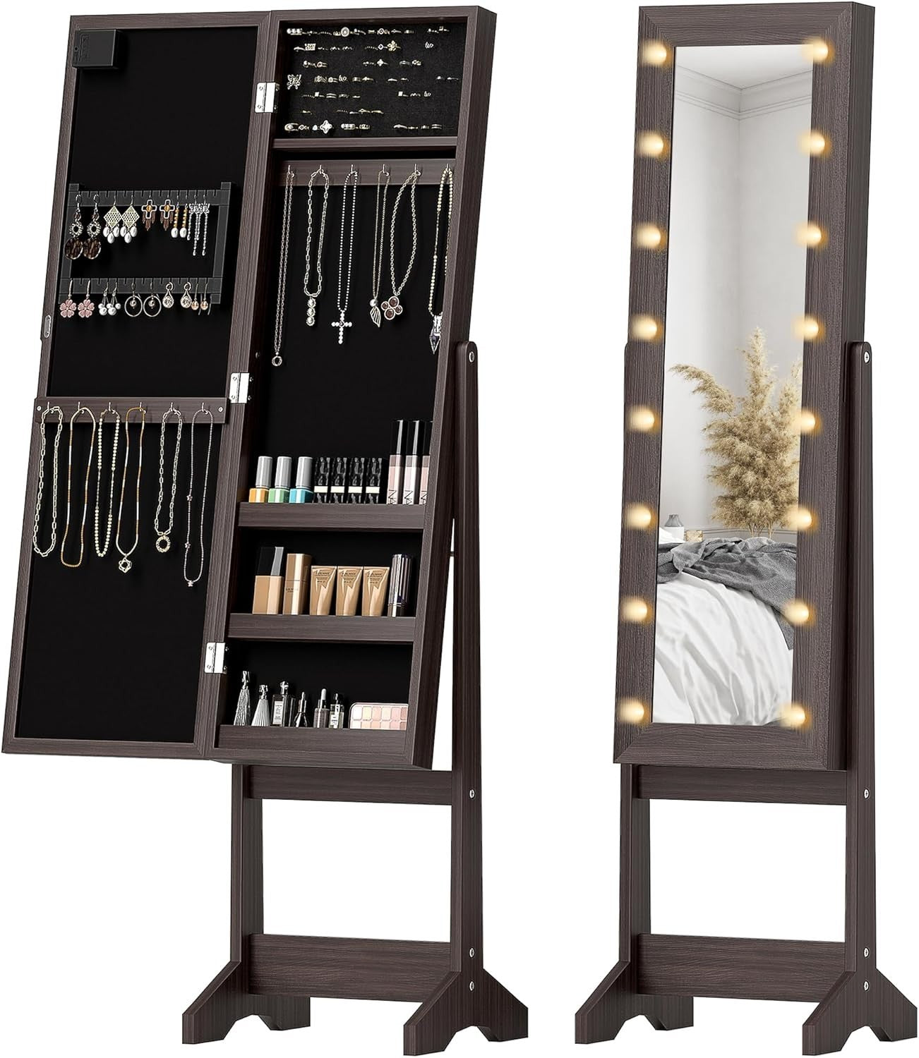 LED Mirror Jewelry Cabinet Freestanding Adjustable Storage Organizer Brown - Kwikley