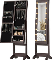 LED Mirror Jewelry Cabinet Freestanding Adjustable Storage Organizer Brown - Kwikley