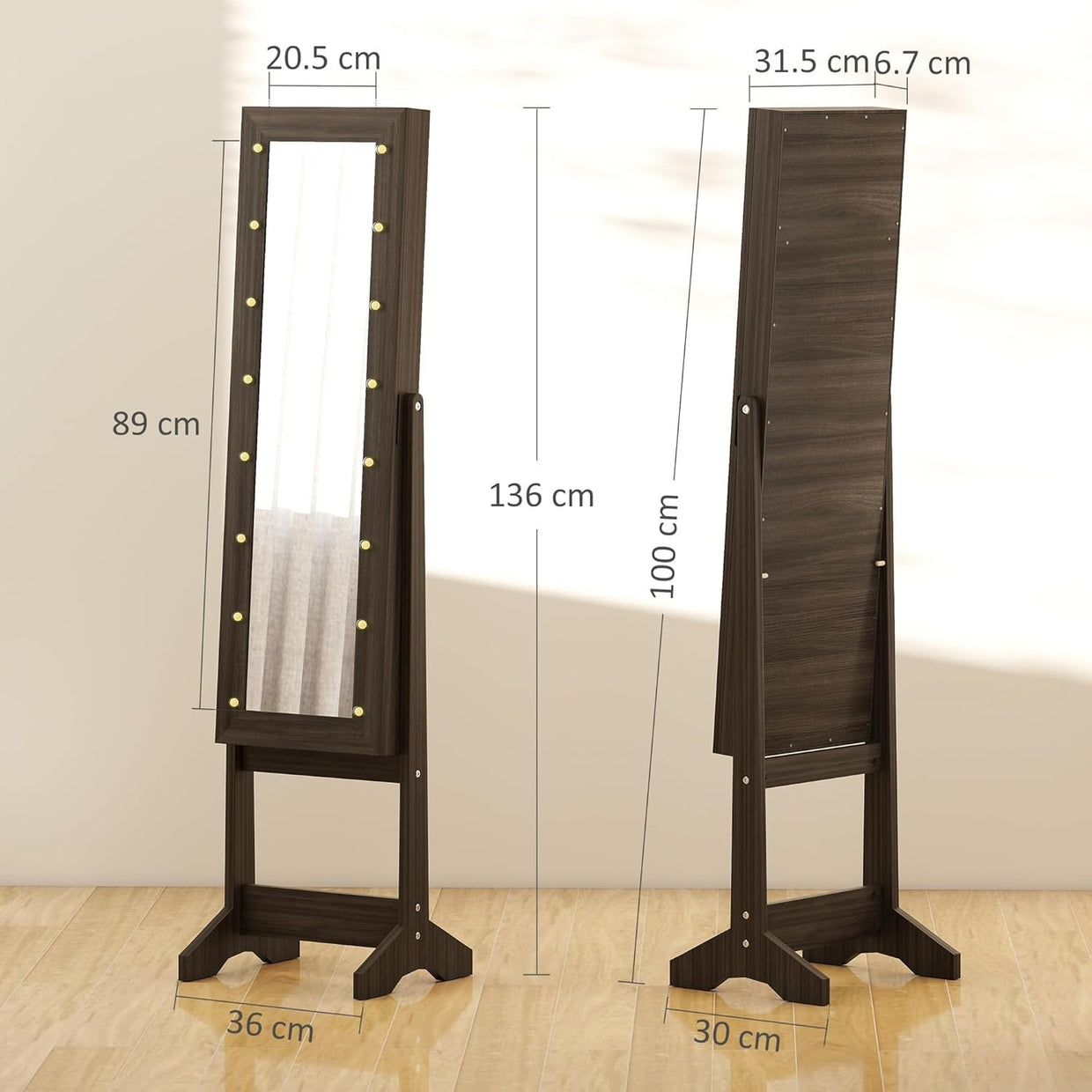 LED Mirror Jewelry Cabinet Freestanding Adjustable Storage Organizer Brown - Kwikley