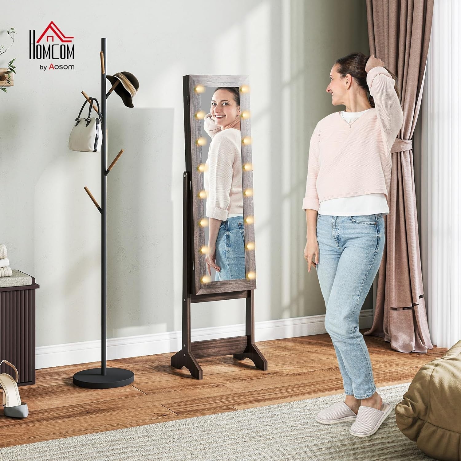 LED Mirror Jewelry Cabinet Freestanding Adjustable Storage Organizer Brown - Kwikley