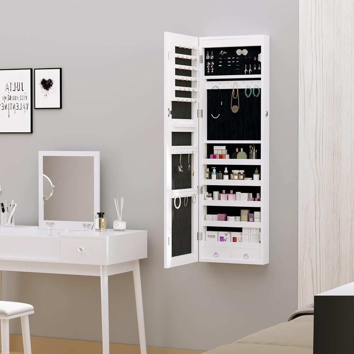 LED Mirror Jewelry Cabinet Wall Mounted Lockable Storage Organizer - Kwikley